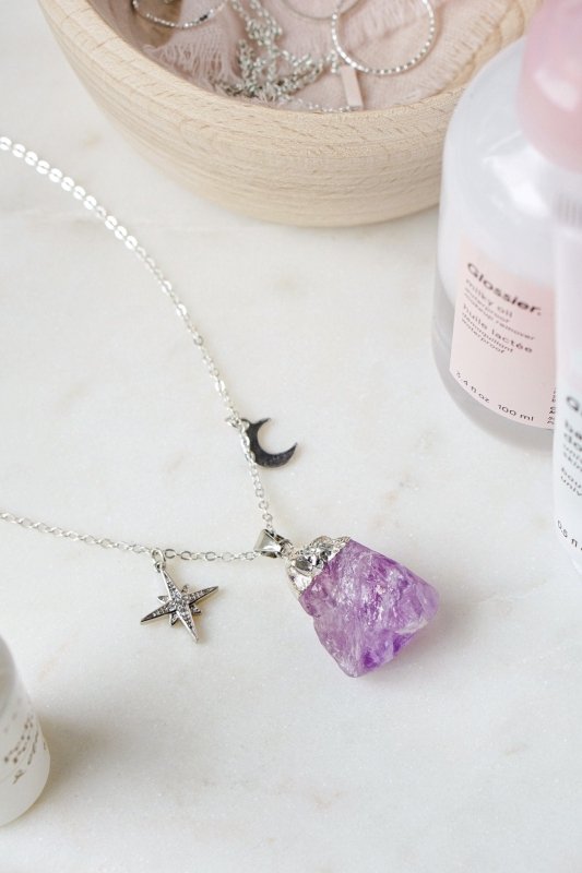 925 Sterling Silver Raw Cut Amethyst Moon & Star Necklace - Necklaces - British D'sire