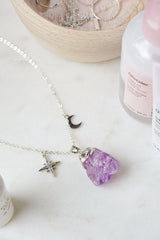 925 Sterling Silver Raw Cut Amethyst Moon & Star Necklace - Necklaces - British D'sire