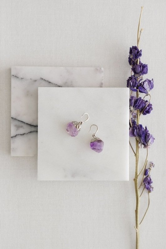 925 Sterling Silver Raw Cut Amethyst Rock Earrings - Earrings - British D'sire