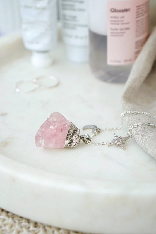 925 Sterling Silver Raw Cut Rose Quartz Moon & Star Necklace - Necklaces - British D'sire Main image
