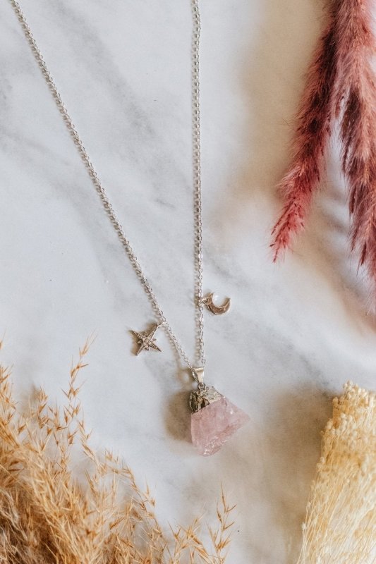 925 Sterling Silver Raw Cut Rose Quartz Moon & Star Necklace - Necklaces - British D'sire