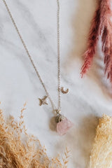 925 Sterling Silver Raw Cut Rose Quartz Moon & Star Necklace - Necklaces - British D'sire