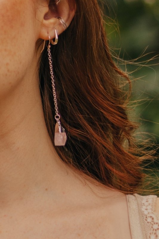 925 Sterling Silver Raw Rose Quartz Dangle Drop Earrings - Earrings - British D'sire Main image