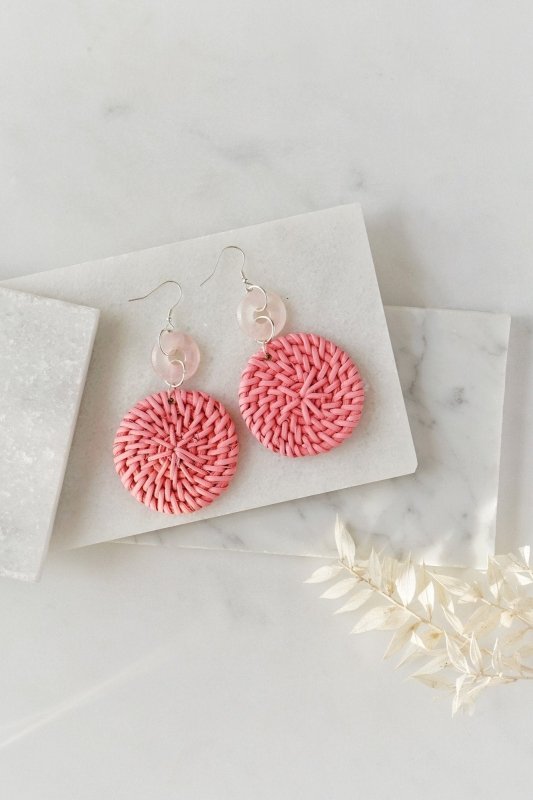 Xander Kostroma 925 Sterling Silver Rose Quartz Pink Rattan Earrings - Handmade Crystal Jewelry for Healing, Self-Love & Emotional Balance, 9cm Drop, Natural Rattan & Rose Quartz Secondary image