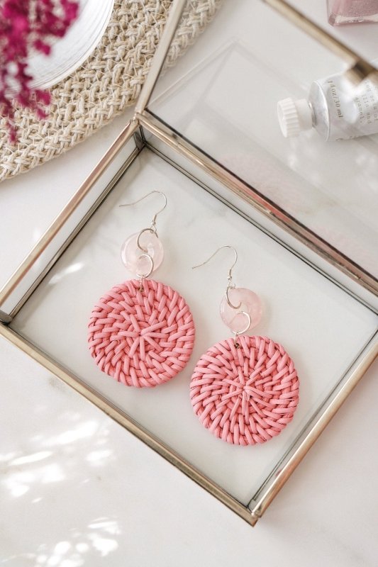 925 Sterling Silver Rose Quartz Pink Rattan Earrings - Earrings - British D'sire Main image