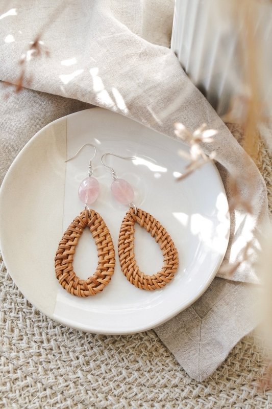 925 Sterling Silver Rose Quartz Rattan Earrings - Earrings - British D'sire Main image