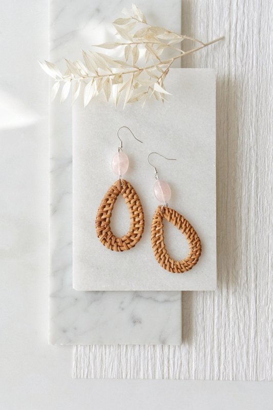 Xander Kostroma 925 Sterling Silver Rose Quartz Rattan Earrings - 9 cm, Handmade Crystal Jewelry, Healing Rose Quartz, Natural Stone, Perfect for Stress Relief & Emotional Healing Secondary image