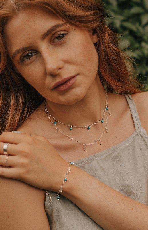 925 Sterling Silver Turquoise & Clear Quartz Layered Necklace - Necklaces - British D'sire