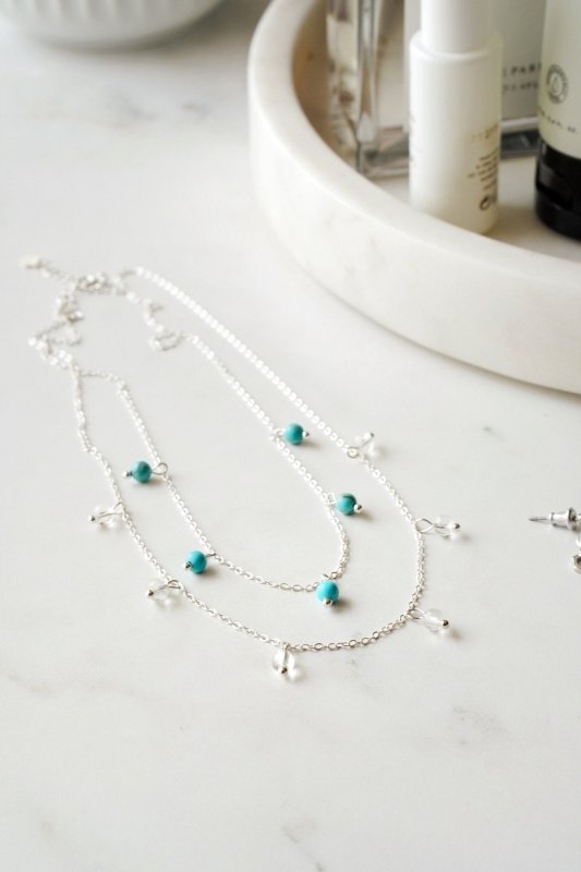 925 Sterling Silver Turquoise & Clear Quartz Layered Necklace - Necklaces - British D'sire