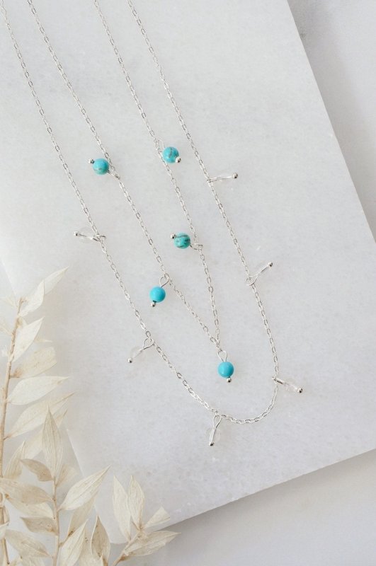 925 Sterling Silver Turquoise & Clear Quartz Layered Necklace - Necklaces - British D'sire