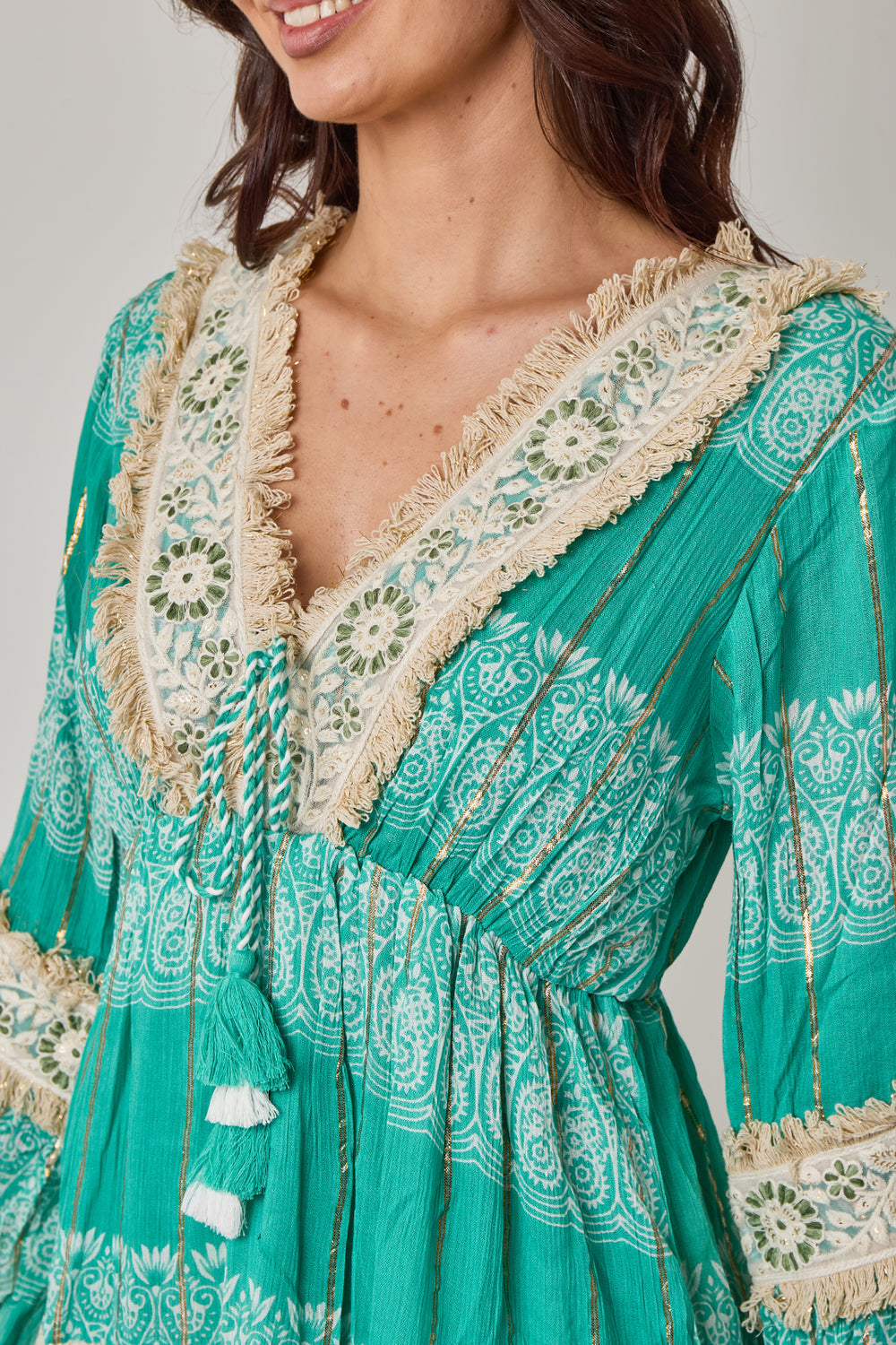 Close-up of a teal dress with intricate patterns and lace details on a plain background