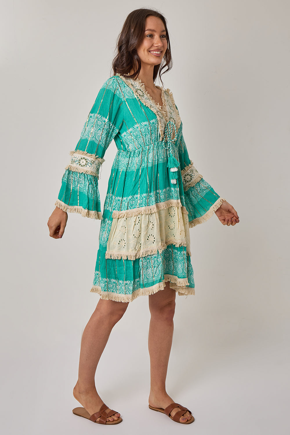 Boho Fringe Detail Viscose Dress – Lightweight Tiered Mini Dress