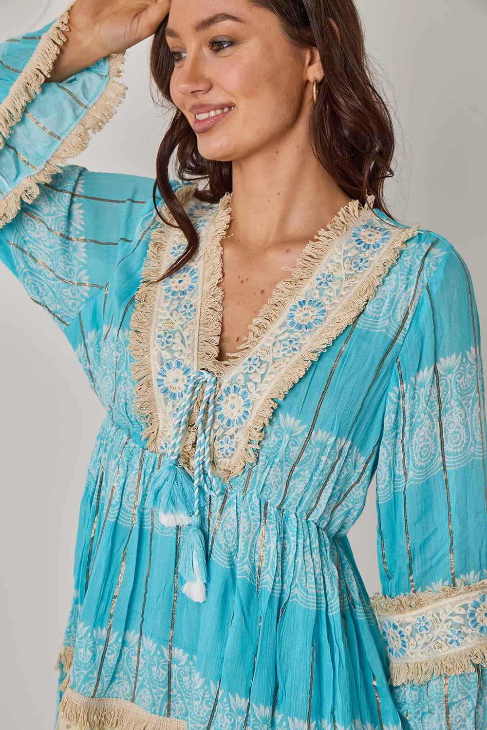 Boho Fringe Detail Viscose Dress – Lightweight Tiered Mini Dress