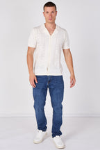 Men's Textured Knitted Button-Through Polo Shirt