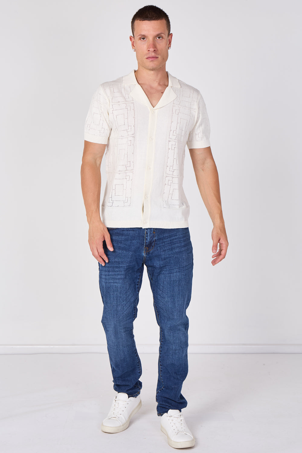 Men's Textured Knitted Button-Through Polo Shirt