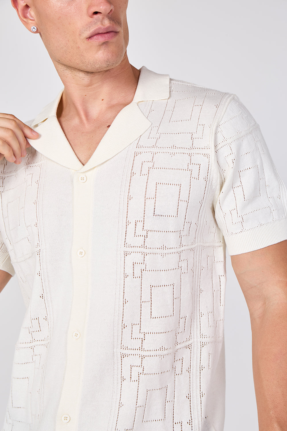 Men's Textured Knitted Button-Through Polo Shirt