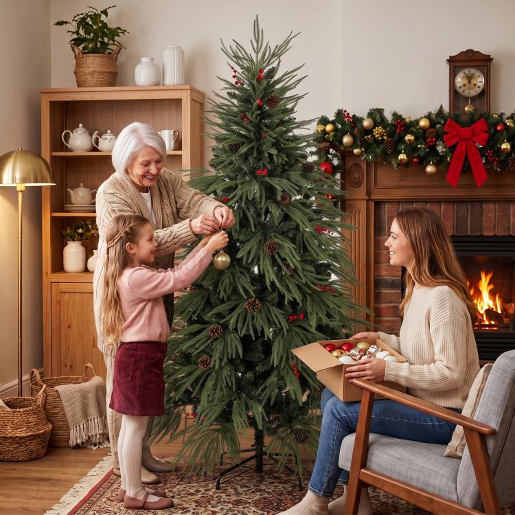 [UK Warehouse] 6ft Artificial Christmas Tree with Pinecones, Red Berries, Hinged Predecorated Xmas Tree with 2843 Branch Tips