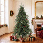 [UK Warehouse] 6ft Artificial Christmas Tree with Pinecones, Red Berries, Hinged Predecorated Xmas Tree with 2843 Branch Tips