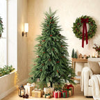 [UK Warehouse] 6ft Artificial Christmas Tree with Pinecones, Red Berries, Hinged Predecorated Xmas Tree with 2843 Branch Tips