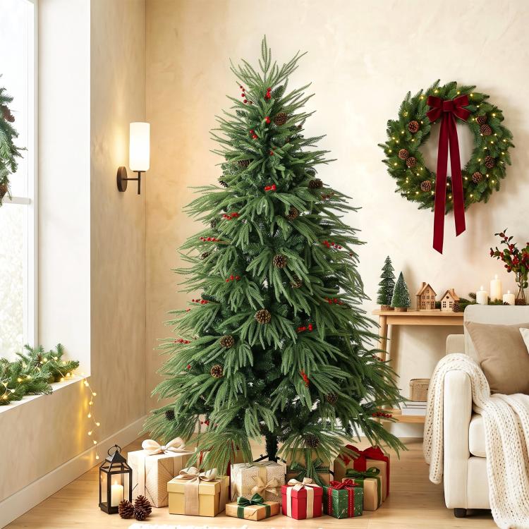 [UK Warehouse] 6ft Artificial Christmas Tree with Pinecones, Red Berries, Hinged Predecorated Xmas Tree with 2843 Branch Tips