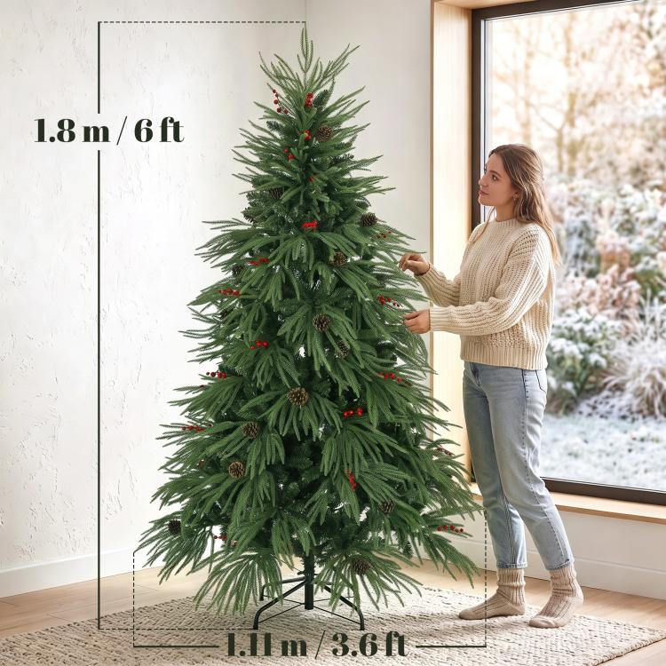 [UK Warehouse] 6ft Artificial Christmas Tree with Pinecones, Red Berries, Hinged Predecorated Xmas Tree with 2843 Branch Tips