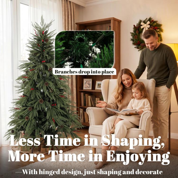 [UK Warehouse] 6ft Artificial Christmas Tree with Pinecones, Red Berries, Hinged Predecorated Xmas Tree with 2843 Branch Tips