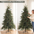 [UK Warehouse] 6ft Artificial Christmas Tree with Pinecones, Red Berries, Hinged Predecorated Xmas Tree with 2843 Branch Tips