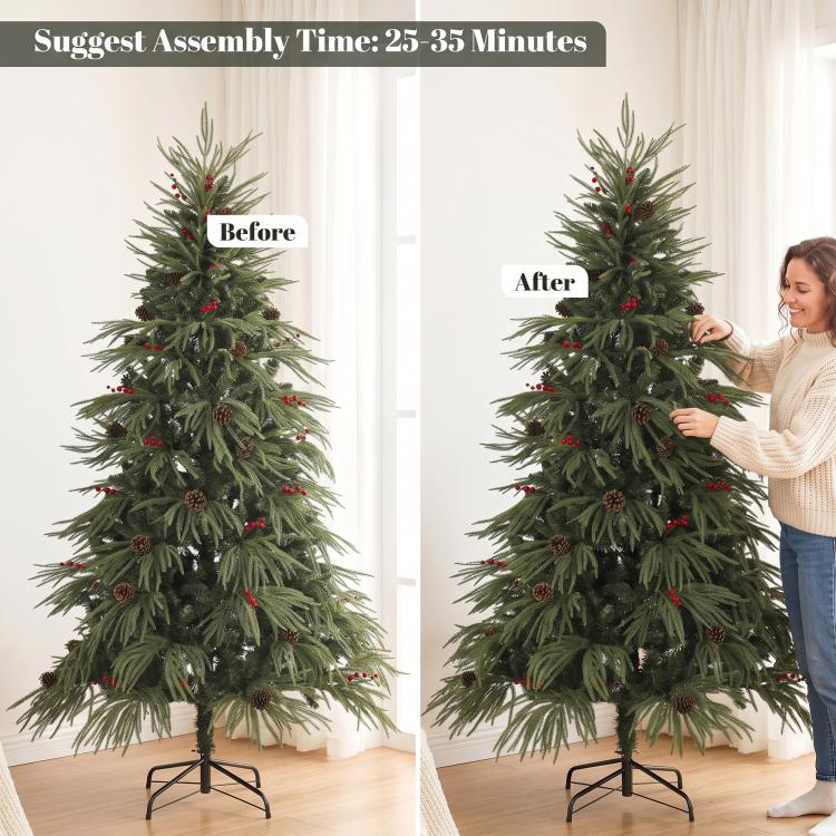 [UK Warehouse] 6ft Artificial Christmas Tree with Pinecones, Red Berries, Hinged Predecorated Xmas Tree with 2843 Branch Tips