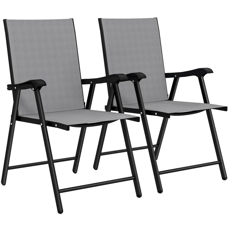[UK Warehouse] Folding Garden Chairs Set of 2, Foldable Garden Dining Chairs with High Back, Armrests, Texteline Seat, Light Grey