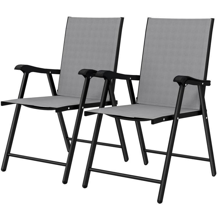 [UK Warehouse] Folding Garden Chairs Set of 2, Foldable Garden Dining Chairs with High Back, Armrests, Texteline Seat, Light Grey