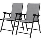 [UK Warehouse] Folding Garden Chairs Set of 2, Foldable Garden Dining Chairs with High Back, Armrests, Texteline Seat, Light Grey