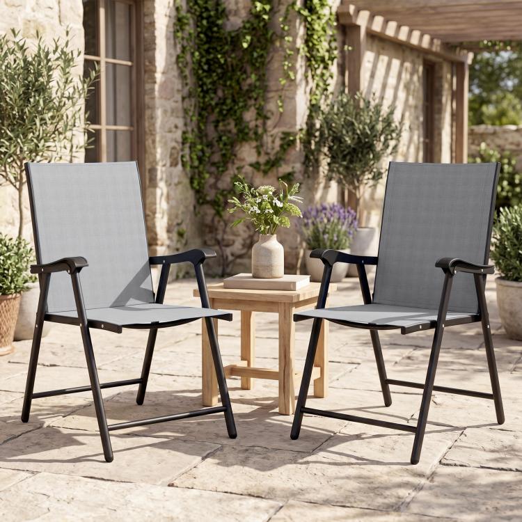 [UK Warehouse] Folding Garden Chairs Set of 2, Foldable Garden Dining Chairs with High Back, Armrests, Texteline Seat, Light Grey