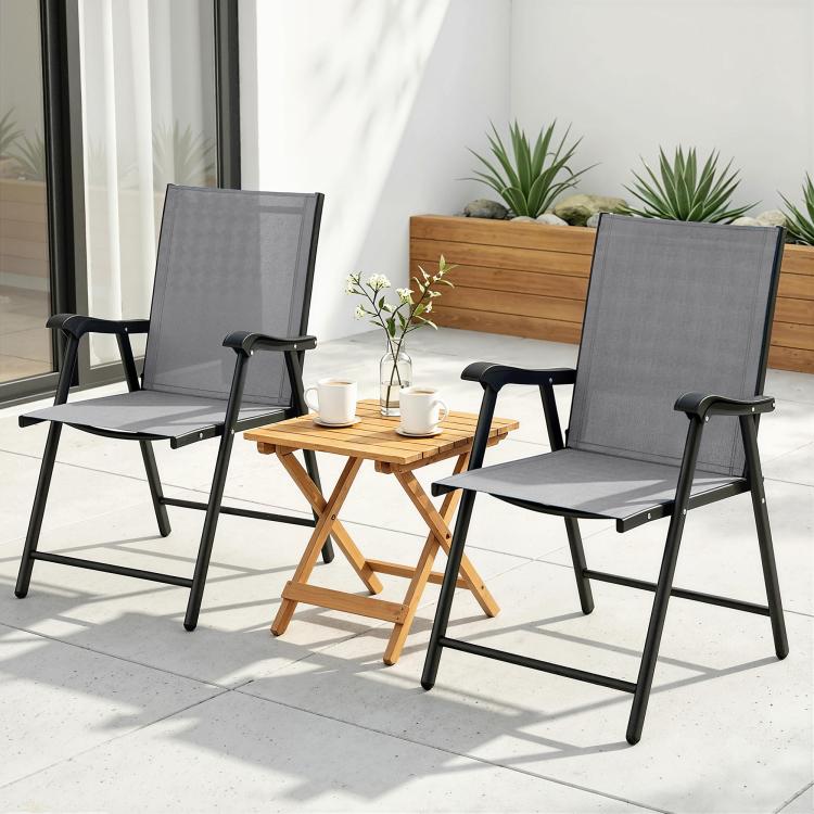 [UK Warehouse] Folding Garden Chairs Set of 2, Foldable Garden Dining Chairs with High Back, Armrests, Texteline Seat, Light Grey
