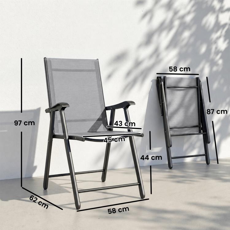 [UK Warehouse] Folding Garden Chairs Set of 2, Foldable Garden Dining Chairs with High Back, Armrests, Texteline Seat, Light Grey