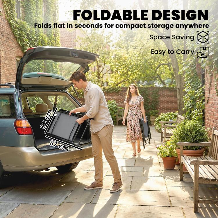[UK Warehouse] Folding Garden Chairs Set of 2, Foldable Garden Dining Chairs with High Back, Armrests, Texteline Seat, Light Grey
