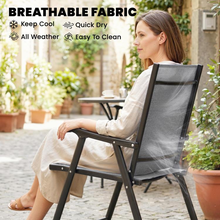 [UK Warehouse] Folding Garden Chairs Set of 2, Foldable Garden Dining Chairs with High Back, Armrests, Texteline Seat, Light Grey