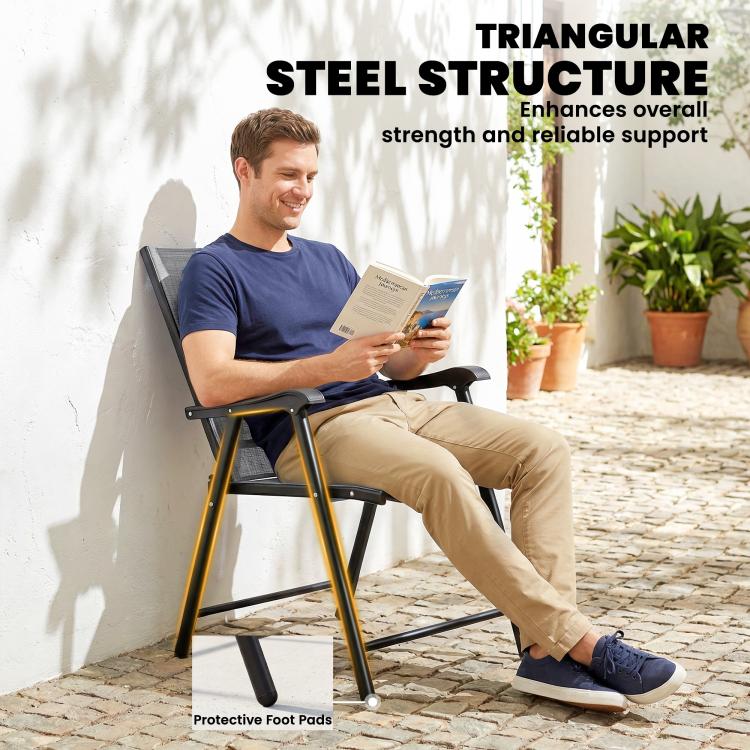[UK Warehouse] Folding Garden Chairs Set of 2, Foldable Garden Dining Chairs with High Back, Armrests, Texteline Seat, Light Grey