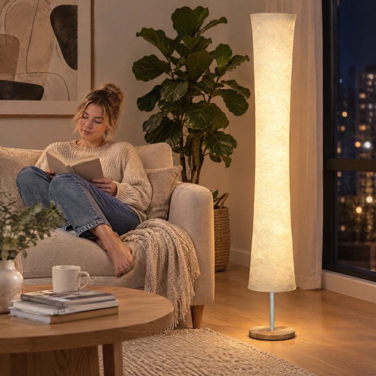 [UK Warehouse] LED Floor Lamp, 152 cm Modern Dimmable Standing Lamp with Paper Shade, Pine Wood Base, White