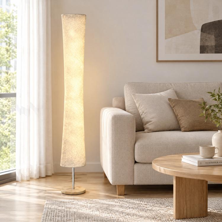[UK Warehouse] LED Floor Lamp, 152 cm Modern Dimmable Standing Lamp with Paper Shade, Pine Wood Base, White