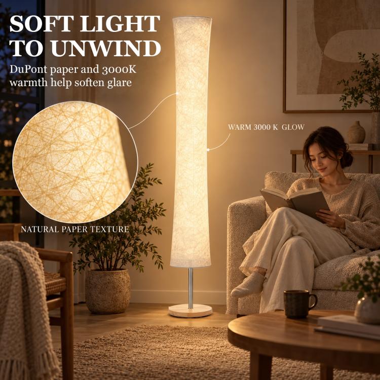 [UK Warehouse] LED Floor Lamp, 152 cm Modern Dimmable Standing Lamp with Paper Shade, Pine Wood Base, White