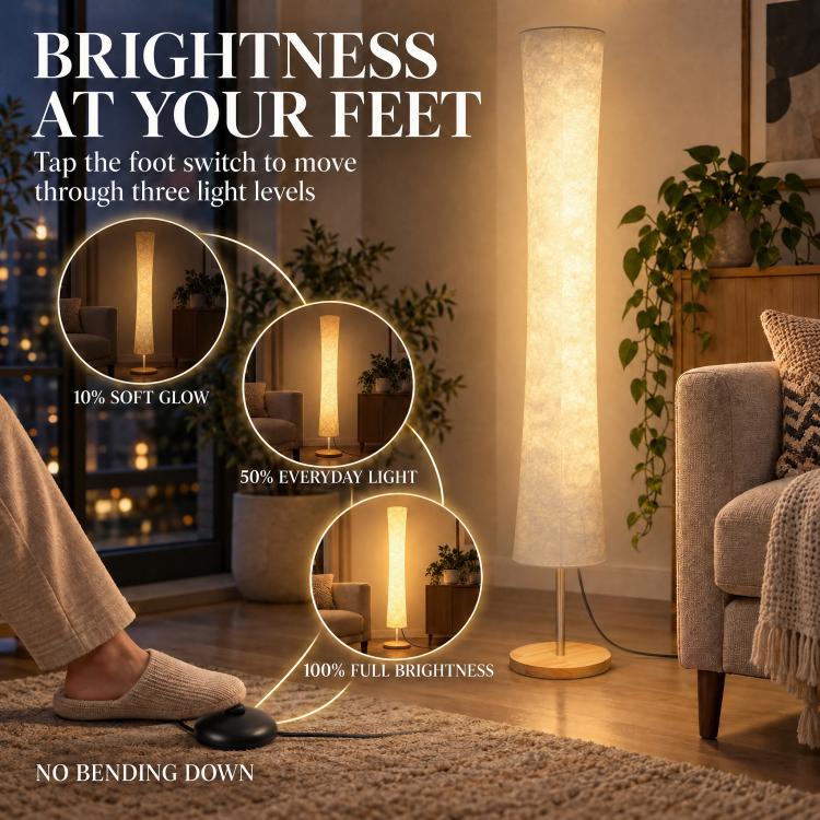 [UK Warehouse] LED Floor Lamp, 152 cm Modern Dimmable Standing Lamp with Paper Shade, Pine Wood Base, White