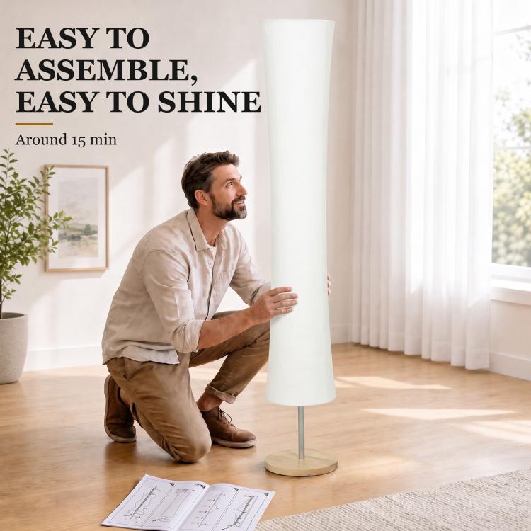 [UK Warehouse] LED Floor Lamp, 152 cm Modern Dimmable Standing Lamp with Paper Shade, Pine Wood Base, White