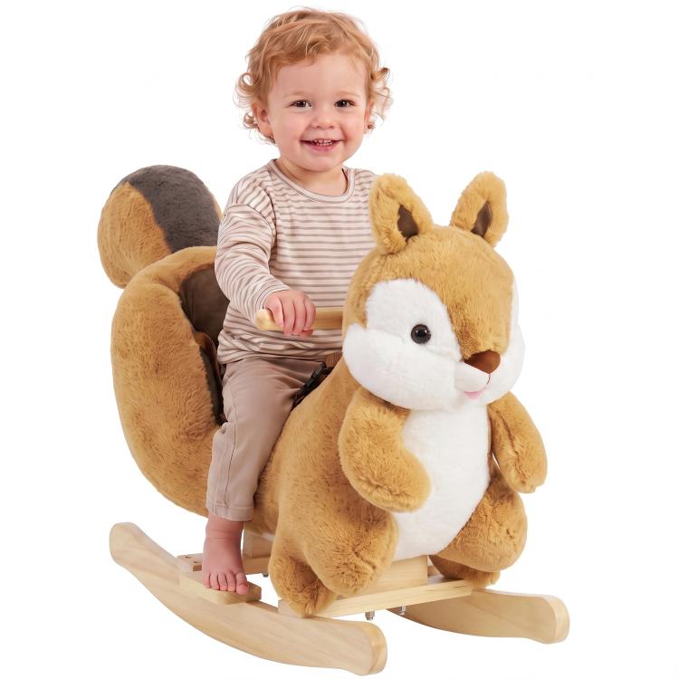 [UK Warehouse] Rocking Horse, Stable Plush Ride on Horse Squirrel Design with Animal Sounds, Security Belt for Toddlers 1-3 Y, Brown