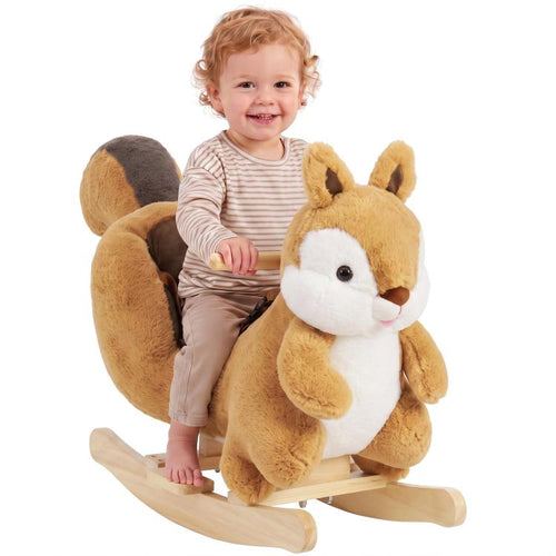 [UK Warehouse] Rocking Horse, Stable Plush Ride on Horse Squirrel Design with Animal Sounds, Security Belt for Toddlers 1-3 Y, Brown