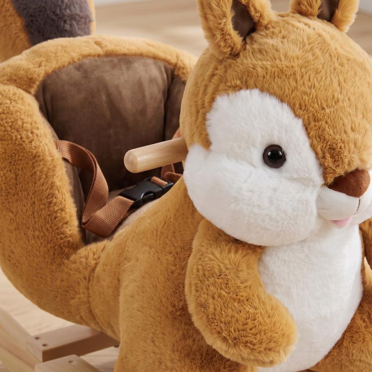 [UK Warehouse] Rocking Horse, Stable Plush Ride on Horse Squirrel Design with Animal Sounds, Security Belt for Toddlers 1-3 Y, Brown