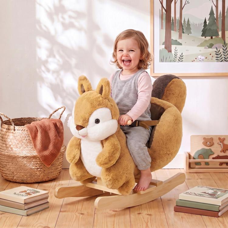 [UK Warehouse] Rocking Horse, Stable Plush Ride on Horse Squirrel Design with Animal Sounds, Security Belt for Toddlers 1-3 Y, Brown