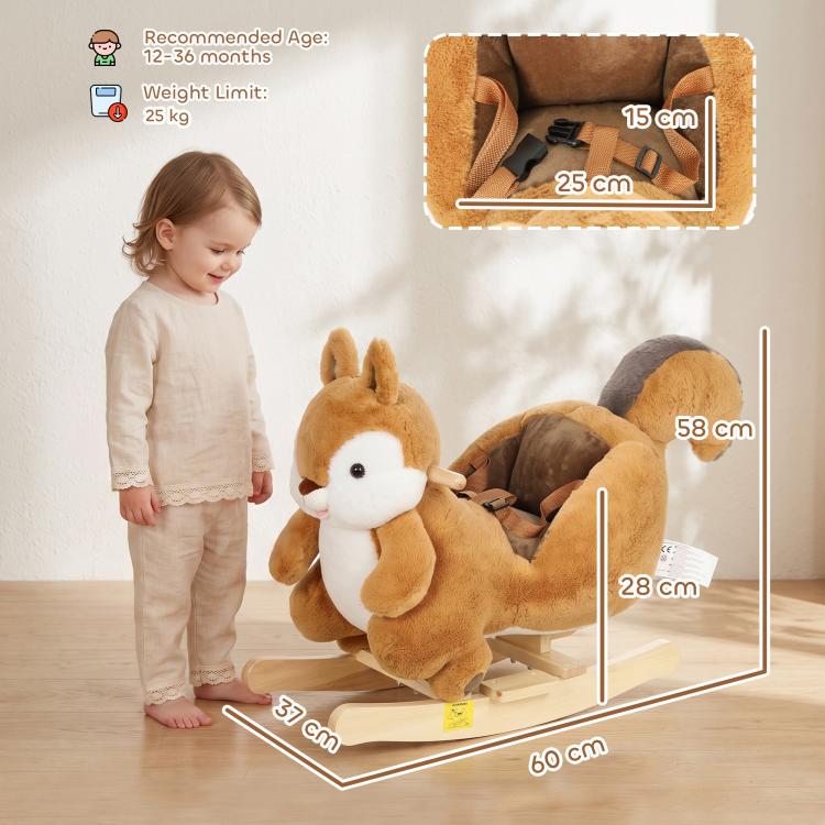 [UK Warehouse] Rocking Horse, Stable Plush Ride on Horse Squirrel Design with Animal Sounds, Security Belt for Toddlers 1-3 Y, Brown