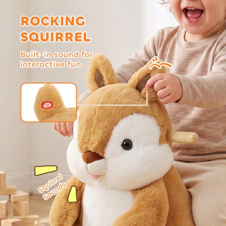 [UK Warehouse] Rocking Horse, Stable Plush Ride on Horse Squirrel Design with Animal Sounds, Security Belt for Toddlers 1-3 Y, Brown