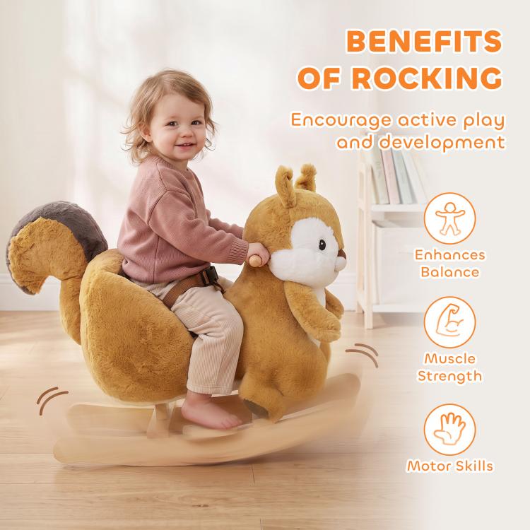 [UK Warehouse] Rocking Horse, Stable Plush Ride on Horse Squirrel Design with Animal Sounds, Security Belt for Toddlers 1-3 Y, Brown