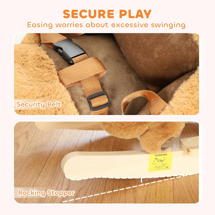 [UK Warehouse] Rocking Horse, Stable Plush Ride on Horse Squirrel Design with Animal Sounds, Security Belt for Toddlers 1-3 Y, Brown